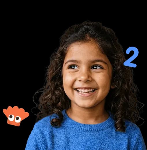 A girl laughs and discovers a KidsKlub app on the tablet